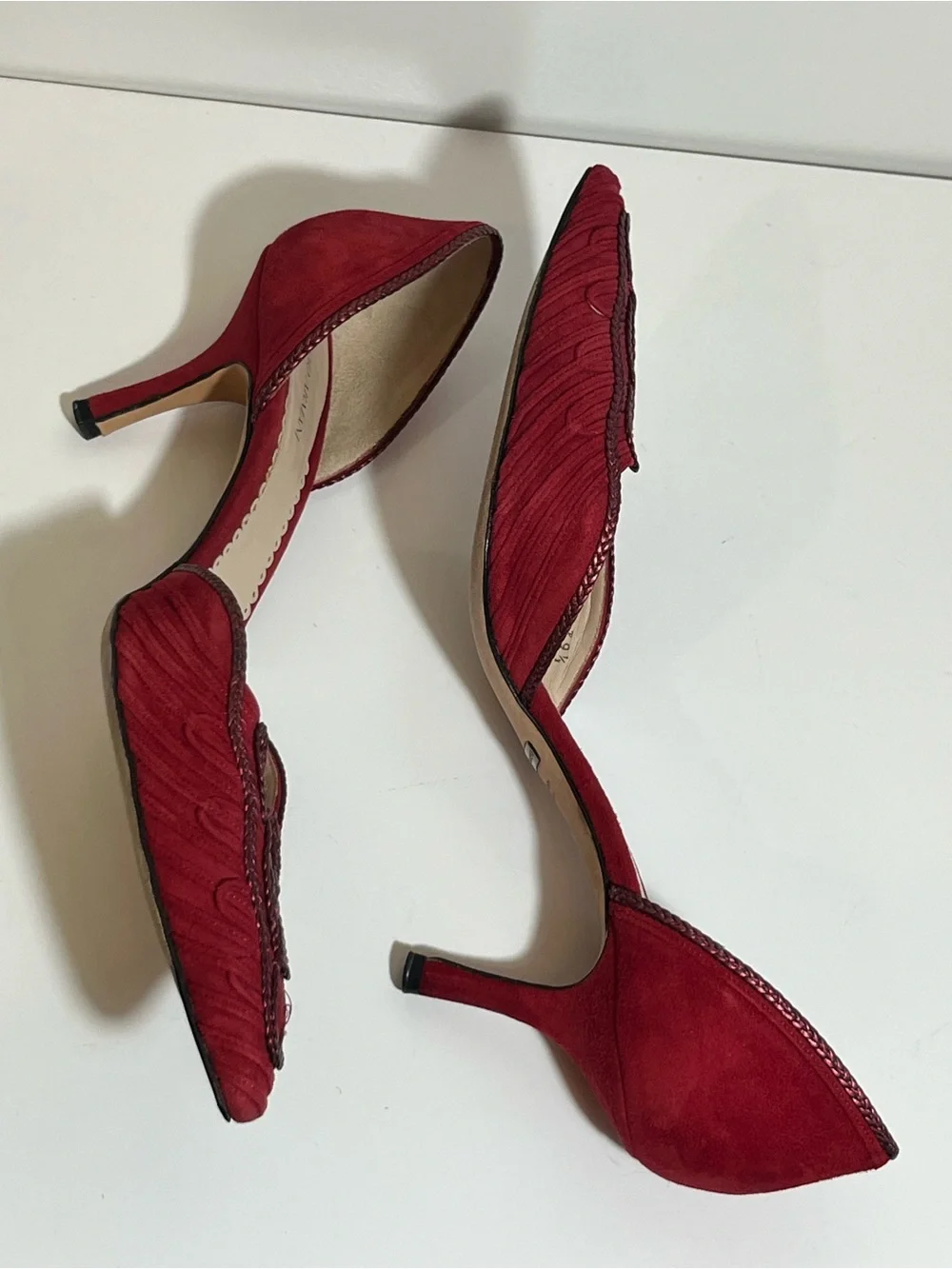 Giorgio Armani Red Suede Pointed Toe Heels Intricate Braided Detail US Size 9.5